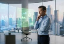 Comparatif etoro xtb : quel courtier choisir en 2026 ? Homme d'affaires analysant des graphiques financiers holographiques dans un bureau moderne avec vue sur une métropole.