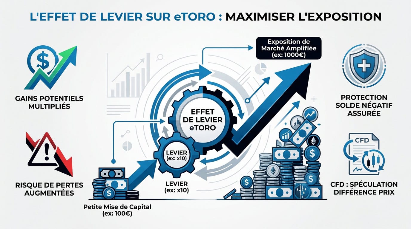 Graphique illustrant l'effet de levier financier sur la plateforme eToro