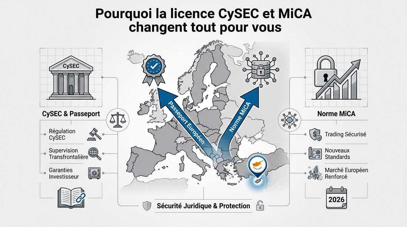 Infographie sur la régulation européenne MiCA et CySEC pour les investisseurs