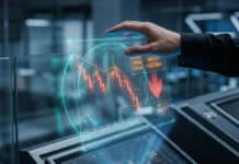 eToro danger : quels sont les vrais risques en 2026 ? Une main manipule un écran holographique affichant une chute des cours boursiers en réalité augmentée.