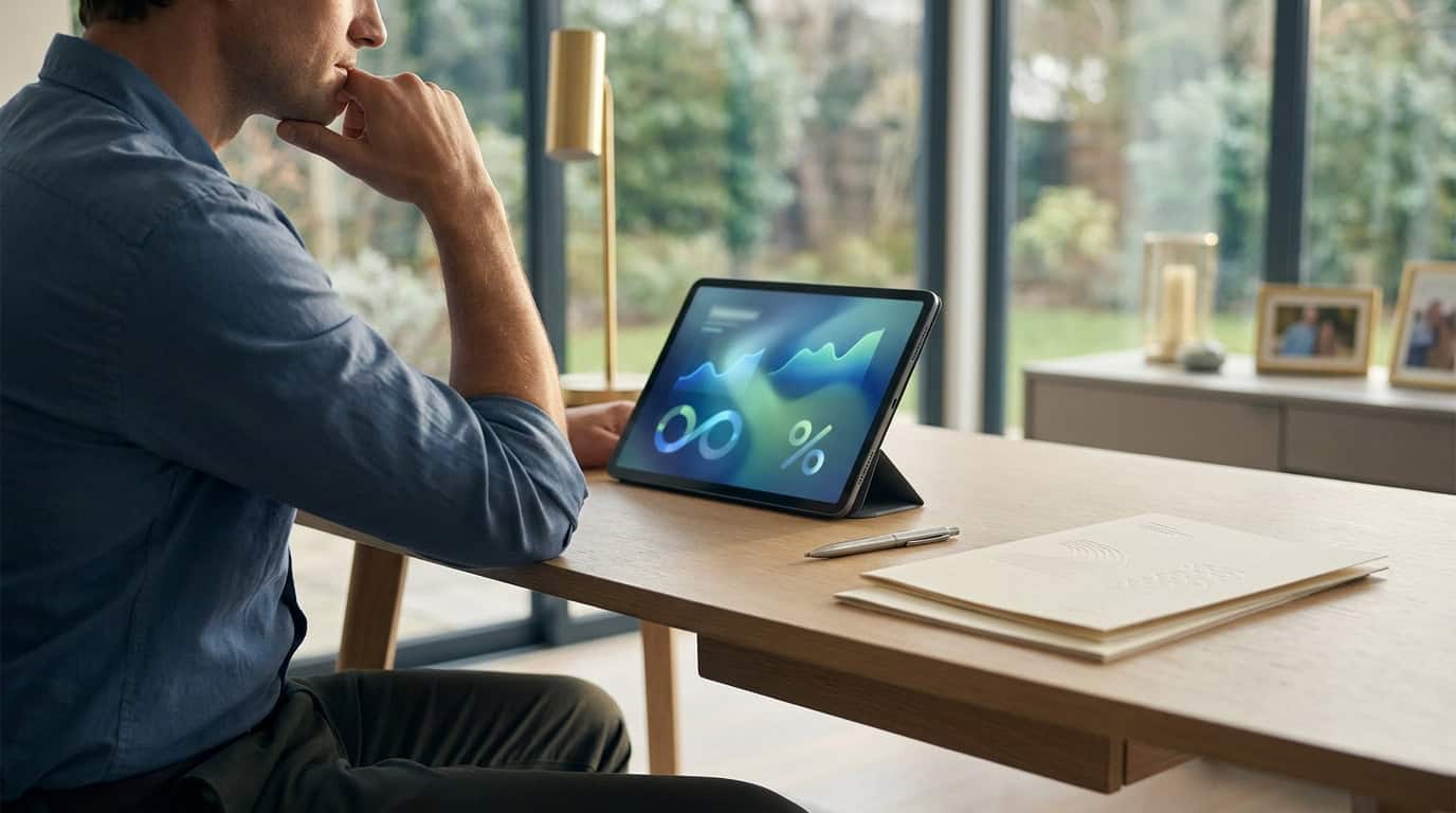 Prélèvements sociaux et assurance vie Un homme consulte des graphiques financiers sur une tablette numérique depuis son bureau à domicile.