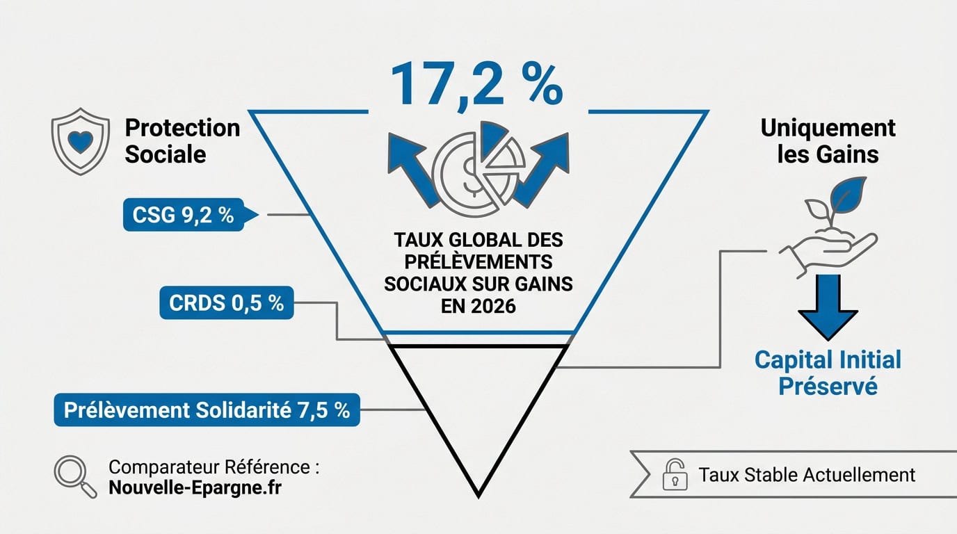 Graphique illustrant les taux des prélèvements sociaux sur l'assurance vie en 2026