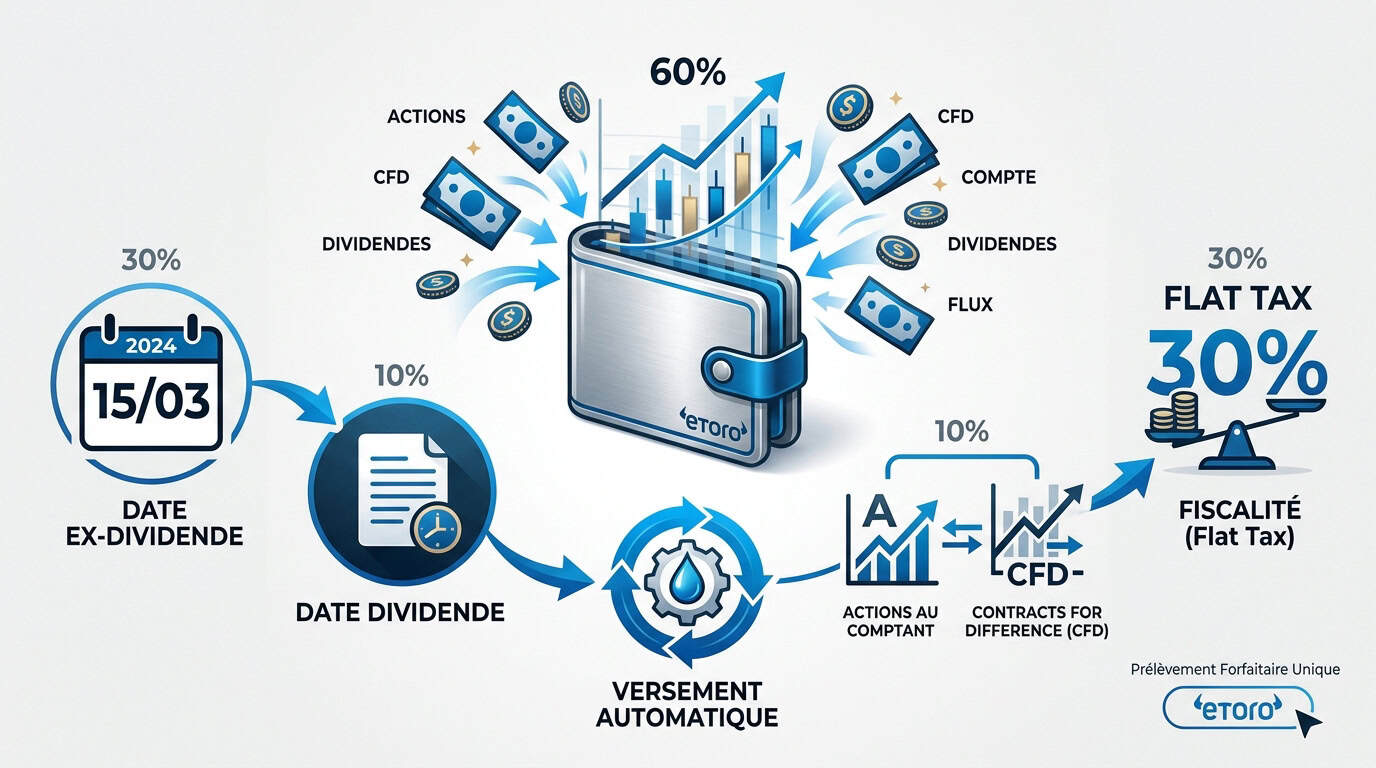 Interface de réception des dividendes sur la plateforme de trading eToro
