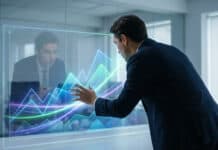 Tout comprendre sur l’etoro effet levier et les CFD Un homme d'affaires en costume interagit avec une interface numérique holographique affichant des courbes boursières.