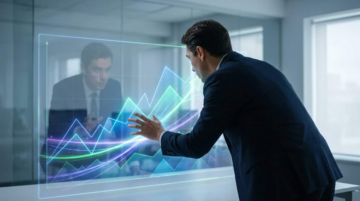 Analyse des marchés et effet de levier eToro Un homme d'affaires en costume interagit avec une interface numérique holographique affichant des courbes boursières.
