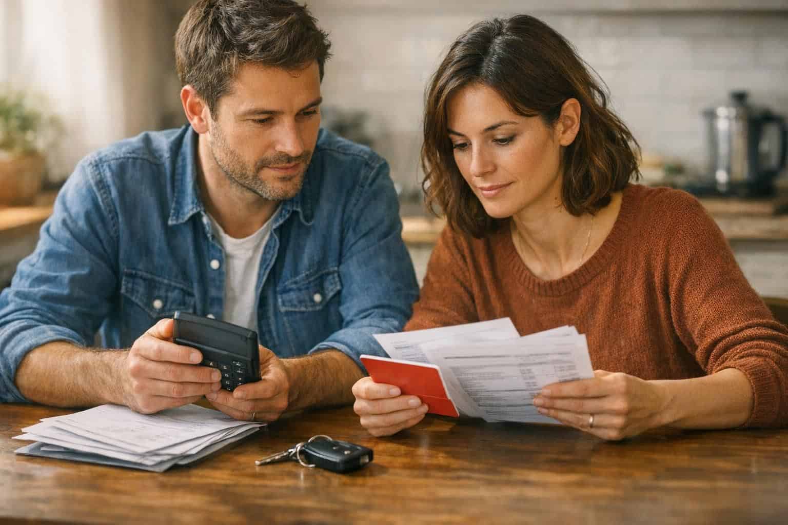 Acheter une voiture à crédit ou comptant Couple comparant épargne et offre de crédit auto avant d'acheter une voiture