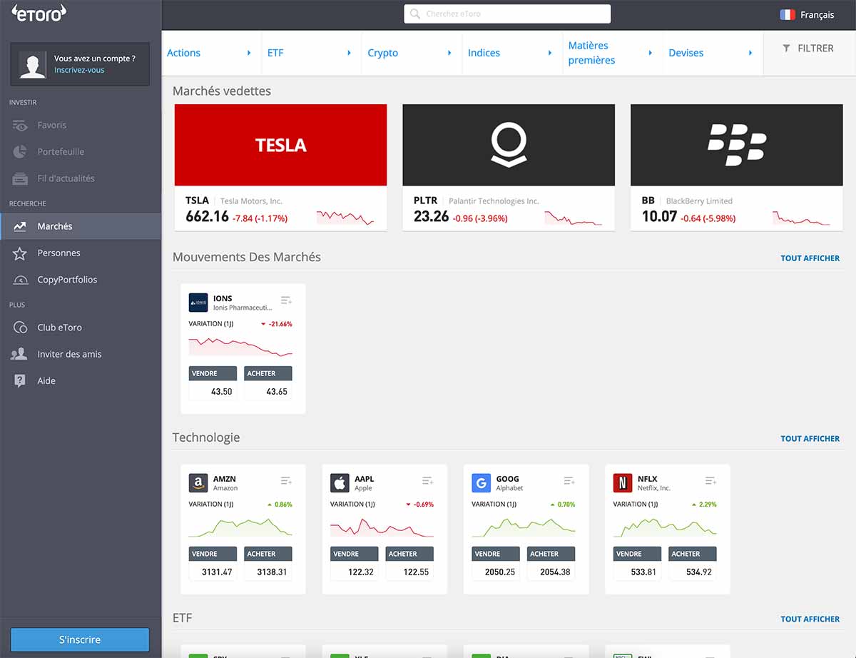 Screenshot de la plateforme de trading eToro